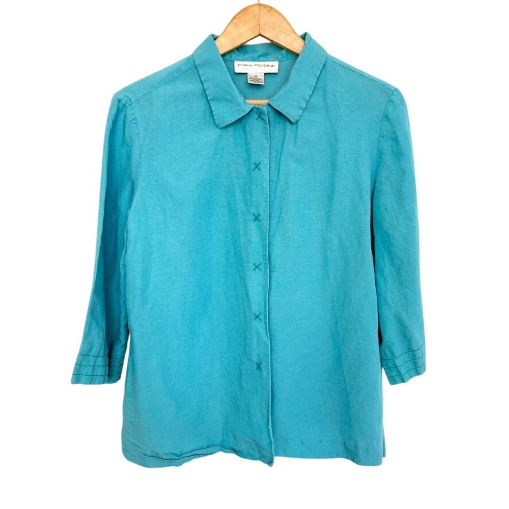 VTG Evan Picone‎ Turquoise Linen Concealed Button Shirt M Blue Lagenlook Art